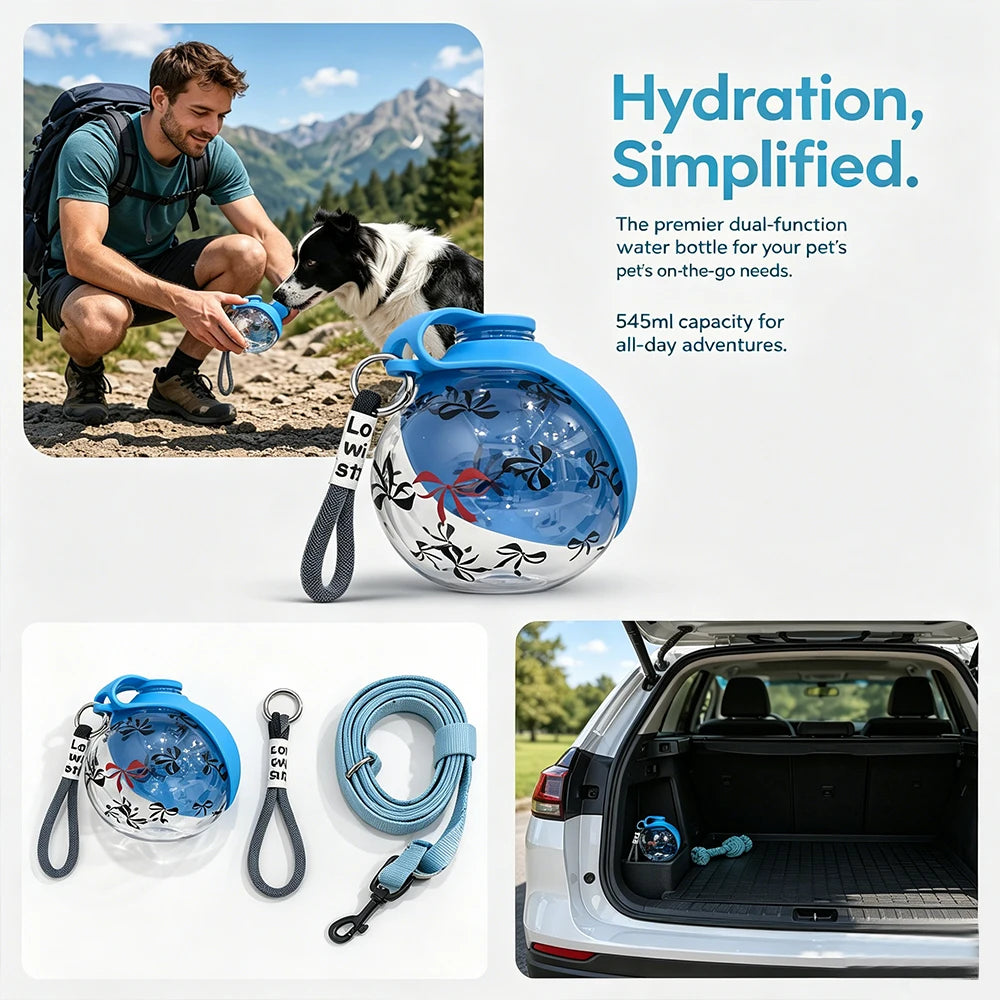 Portable Pet Water Bottle with Detachable Bowl, Cute Ball Shape - Leak-Proof & Compact, Travel Water Bottle -Stainless Steel & Silicon, Portable Travel Water Dispenser with Wrist Strap