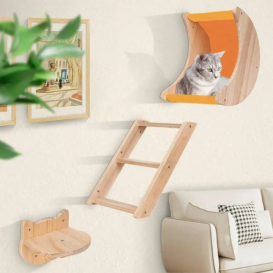 3pcs Cat Wall Furniture Set (Moon Cat Hammock + Wooden Cat Ladder + Cat Step)