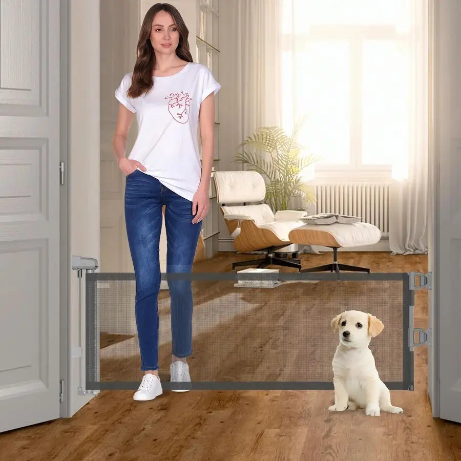 Short Pet Gate, 59" Wide, Step Over Pet Fence, Mesh Retractable, Indoor or Outdoor