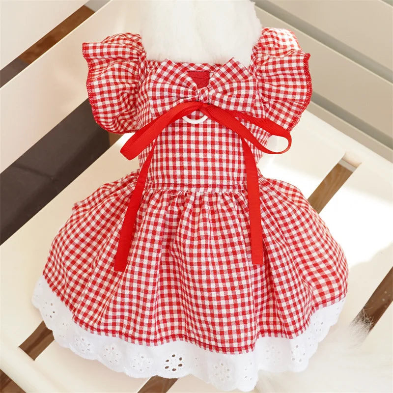 Summer Pet Dress Floral Pattern Plaid Skirts Cat Princess Dresses
