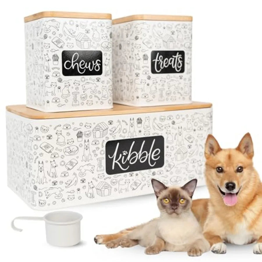 3-Piece Pet Food Storage Container Set, Galvanized Steel with Bamboo Lids, Kibble