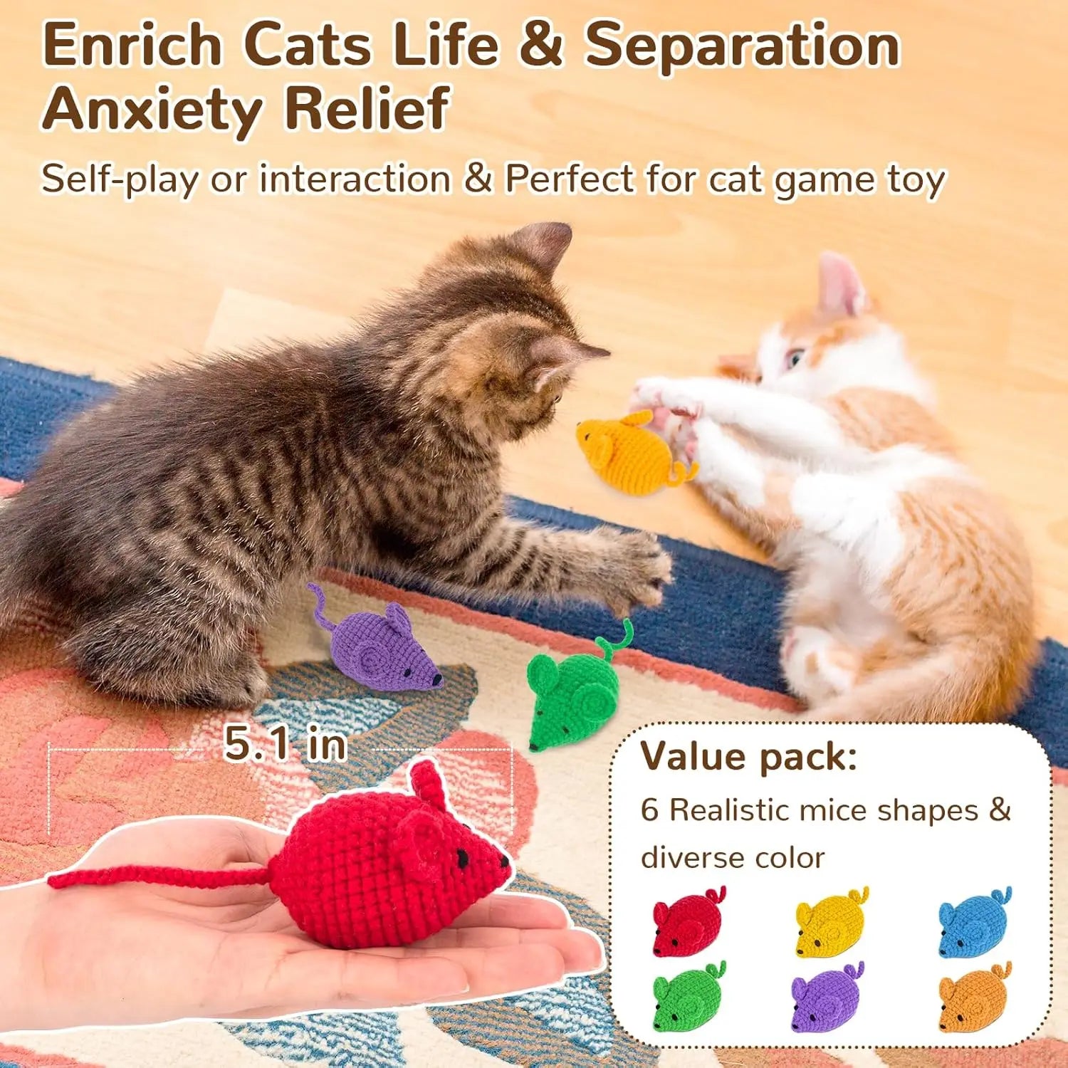 Handmade Crochet Catnip Mice Toys, 6-Pack Interactive Chew Toys for Indoor Kittens with Natural Catnip Blend