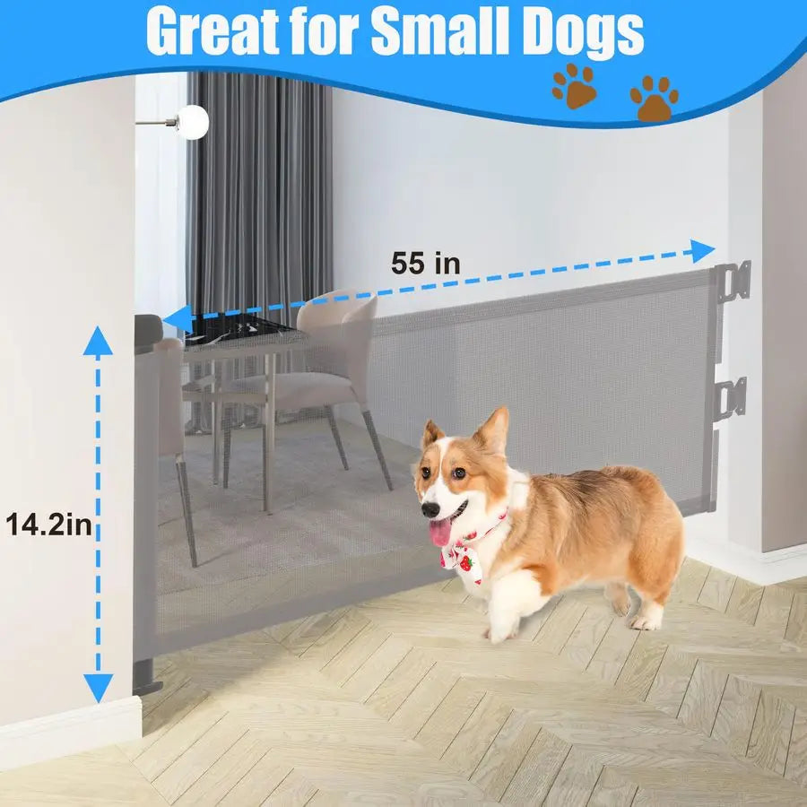 Short Pet Gate, 59" Wide, Step Over Pet Fence, Mesh Retractable, Indoor or Outdoor