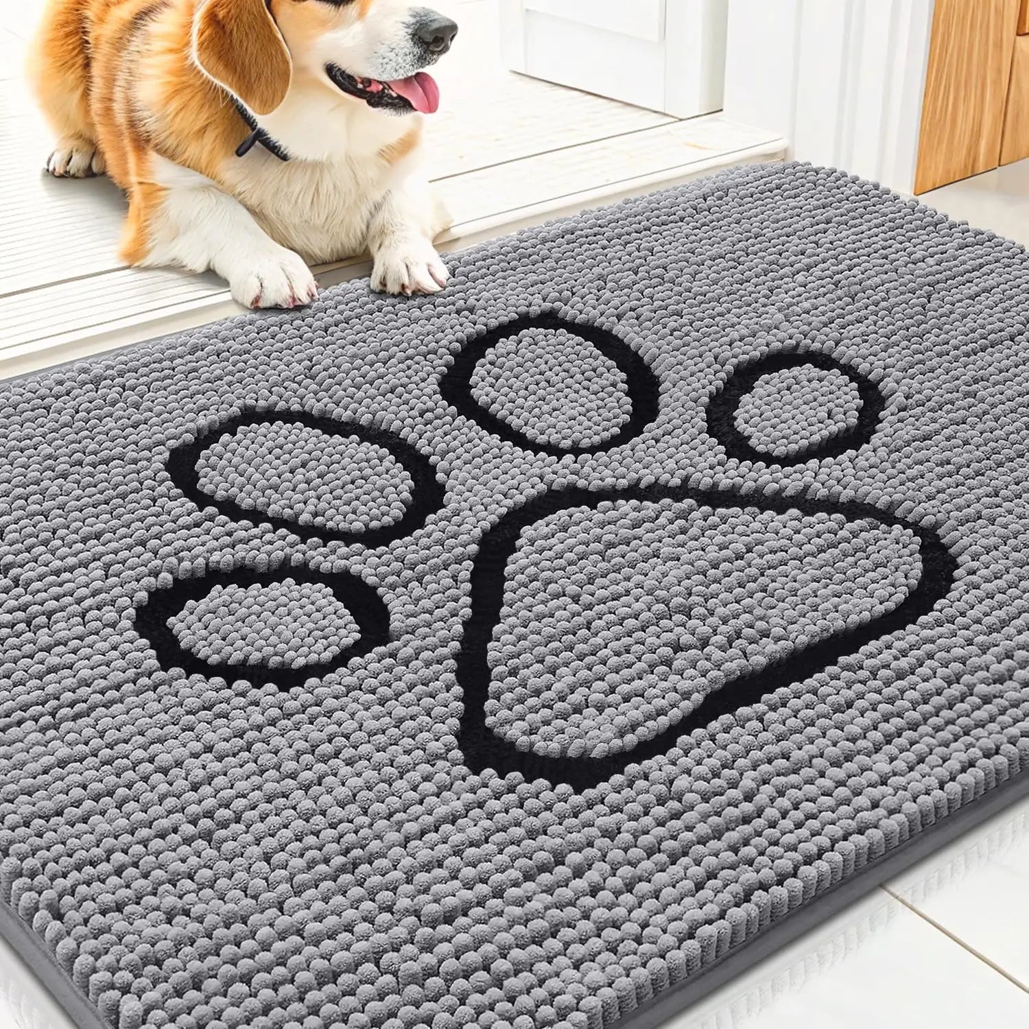 Quick Dry Washable Dog Door Mat, Non Slip Absorbent Rug for Muddy Paws Indoor Outdoor 30x20 Inches Grey Black