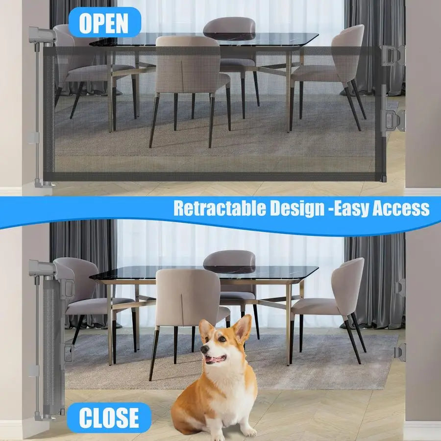 Short Pet Gate, 59" Wide, Step Over Pet Fence, Mesh Retractable, Indoor or Outdoor