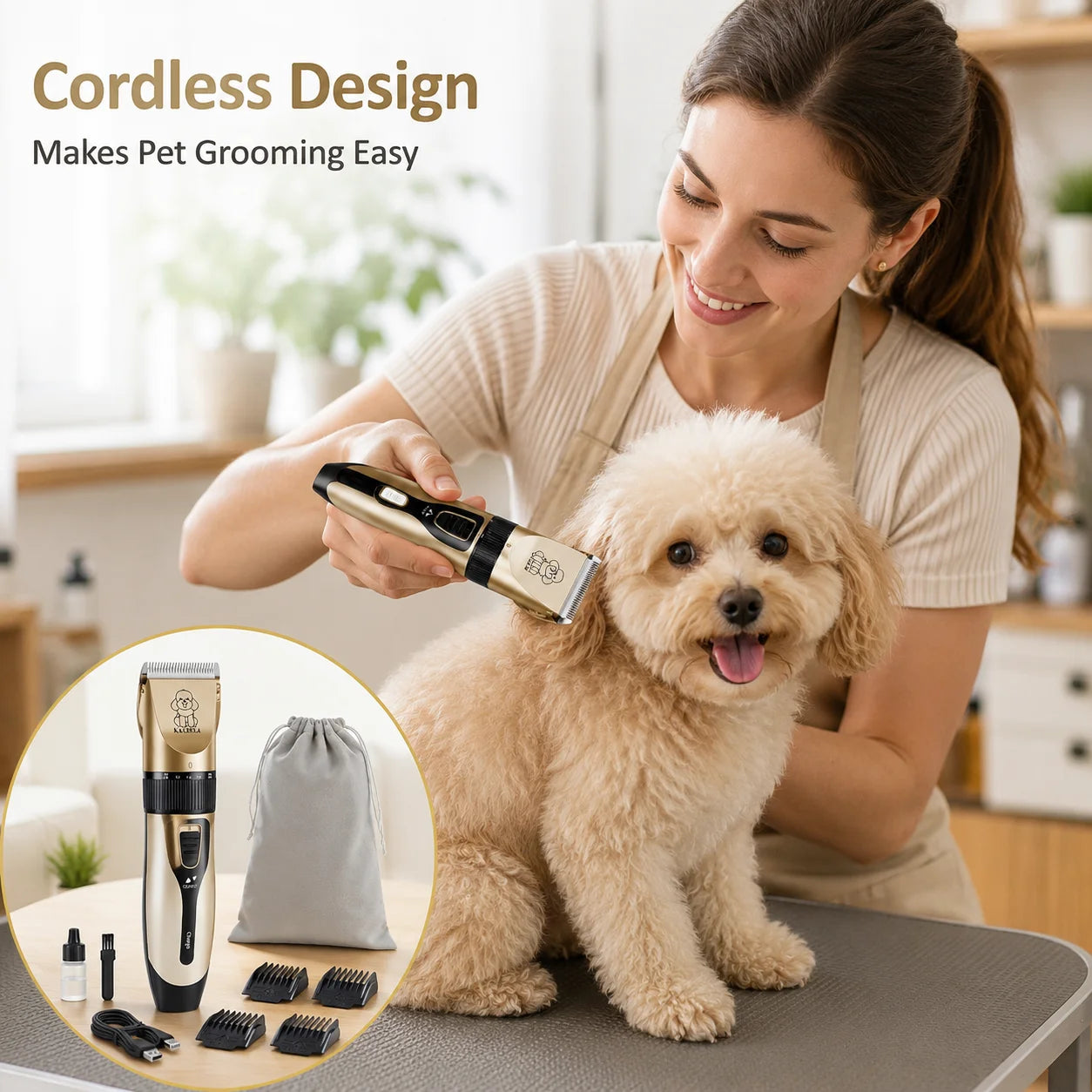 Professional Pet Grooming Clipper Kit. Rechargeable Hair Trimmer with Ceramic Blade.  USB Charging, Low Noise, Adjustable, Guide Combs for Dogs Cats and Small Animals Home Grooming Use