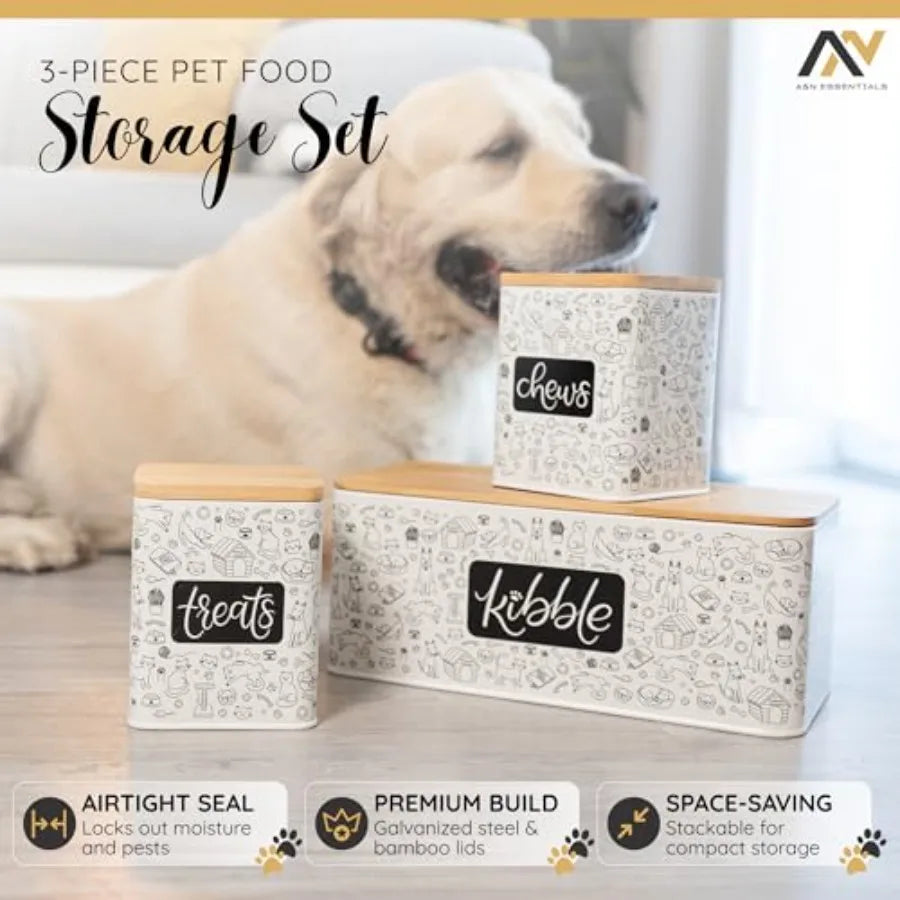 3-Piece Pet Food Storage Container Set, Galvanized Steel with Bamboo Lids, Kibble
