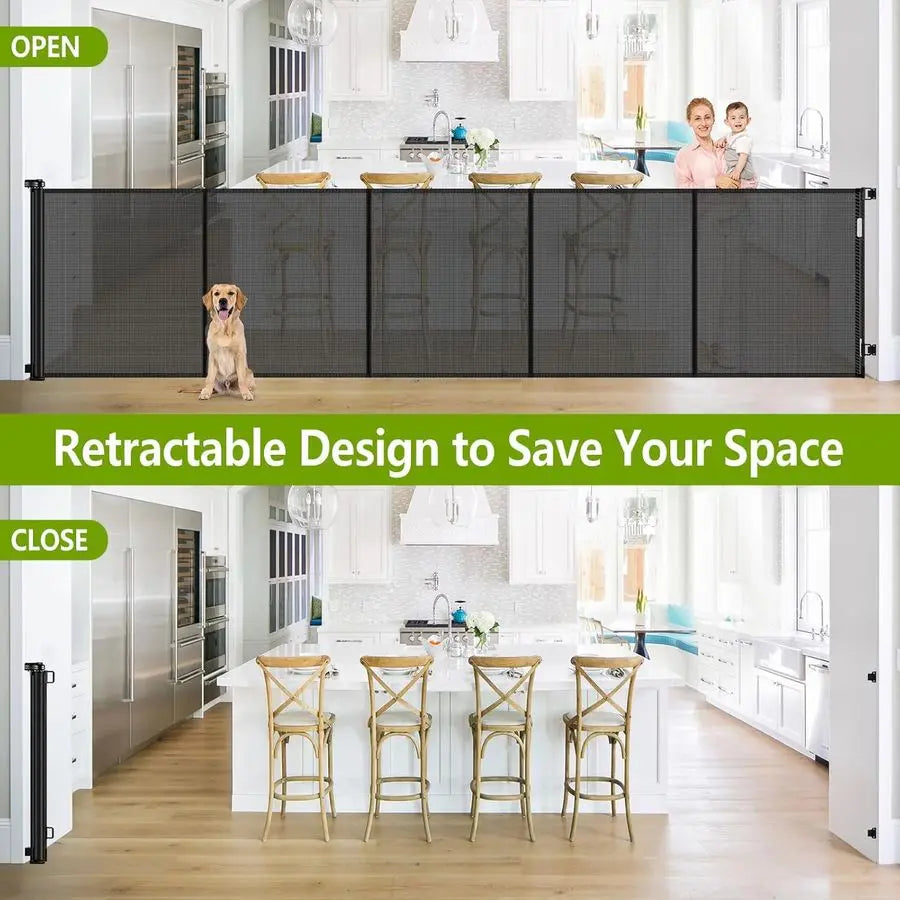 42" Tall Retractable Dog Gate, 155 Extra Long Retractable Baby Gate with Support Rods