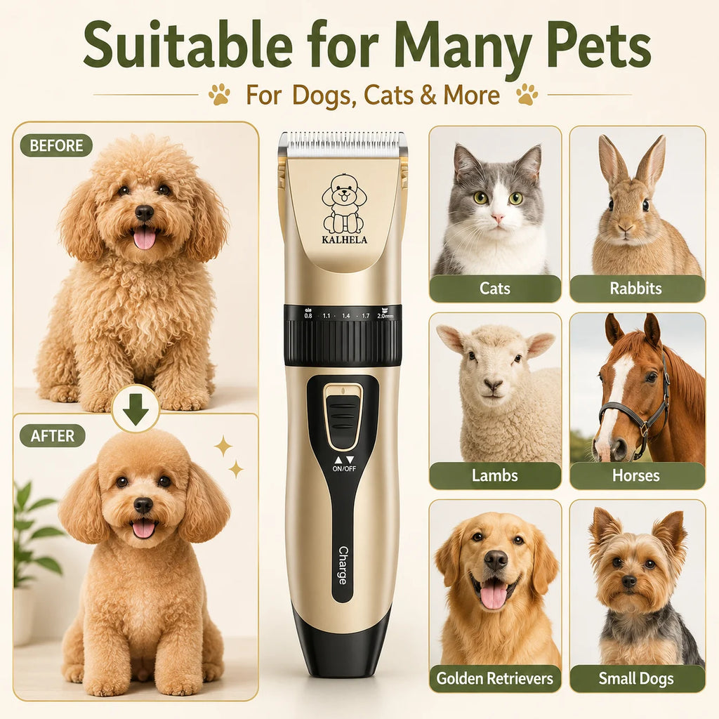 Professional Pet Grooming Clipper Kit. Rechargeable Hair Trimmer with Ceramic Blade.  USB Charging, Low Noise, Adjustable, Guide Combs for Dogs Cats and Small Animals Home Grooming Use