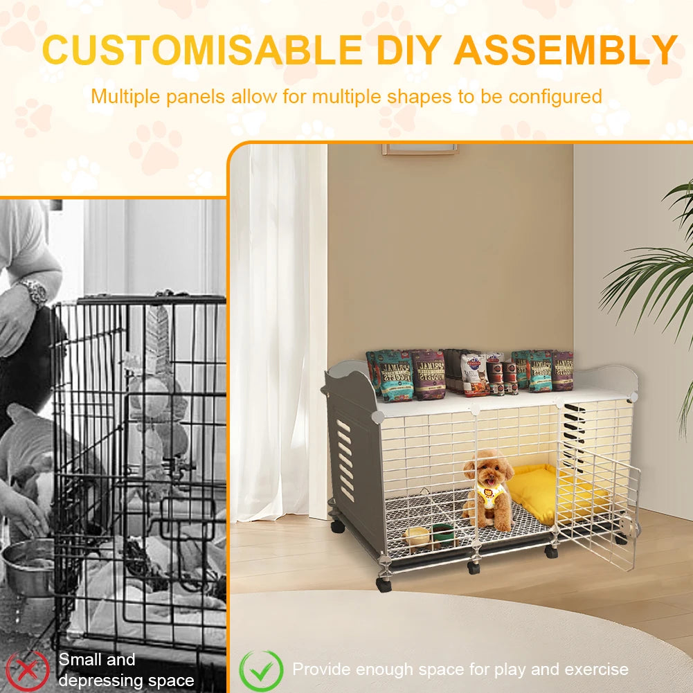 Indoor Dog House with Wheels & Storage Tray, Wired Cage Crate Dog Kennel, Pet Crate for Small/Medium/Large Dog