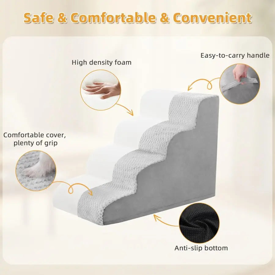 Dog Stairs Ramp, Curved 4 Step Ramp  for Small Dogs and Cats, Pet Stairs for High Beds and Couch with AntiSlip Washable Cover