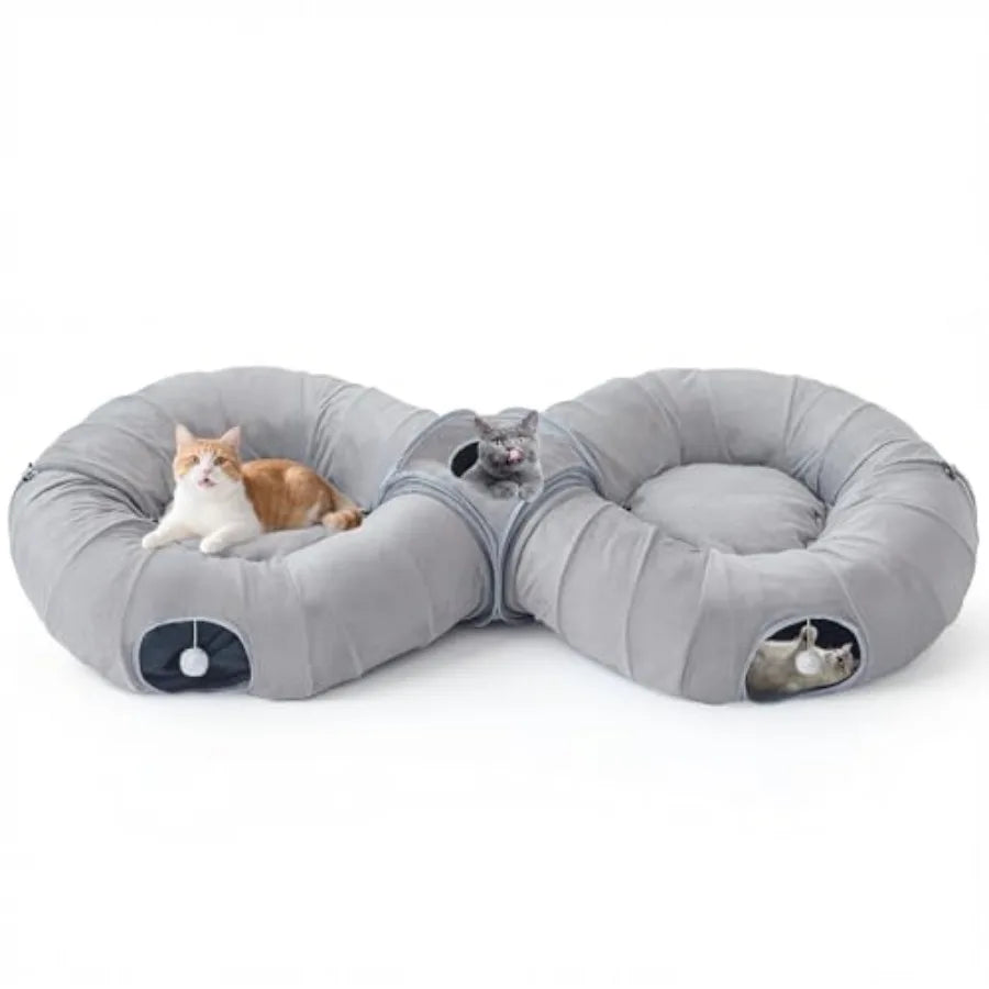 2-in-1 Cat Tunnel Bed for Indoor Cats, 8-Shaped Large Cat Tunnels with Plush Cushions, Foldable Cat Cave, Hideout Kitty Toys
