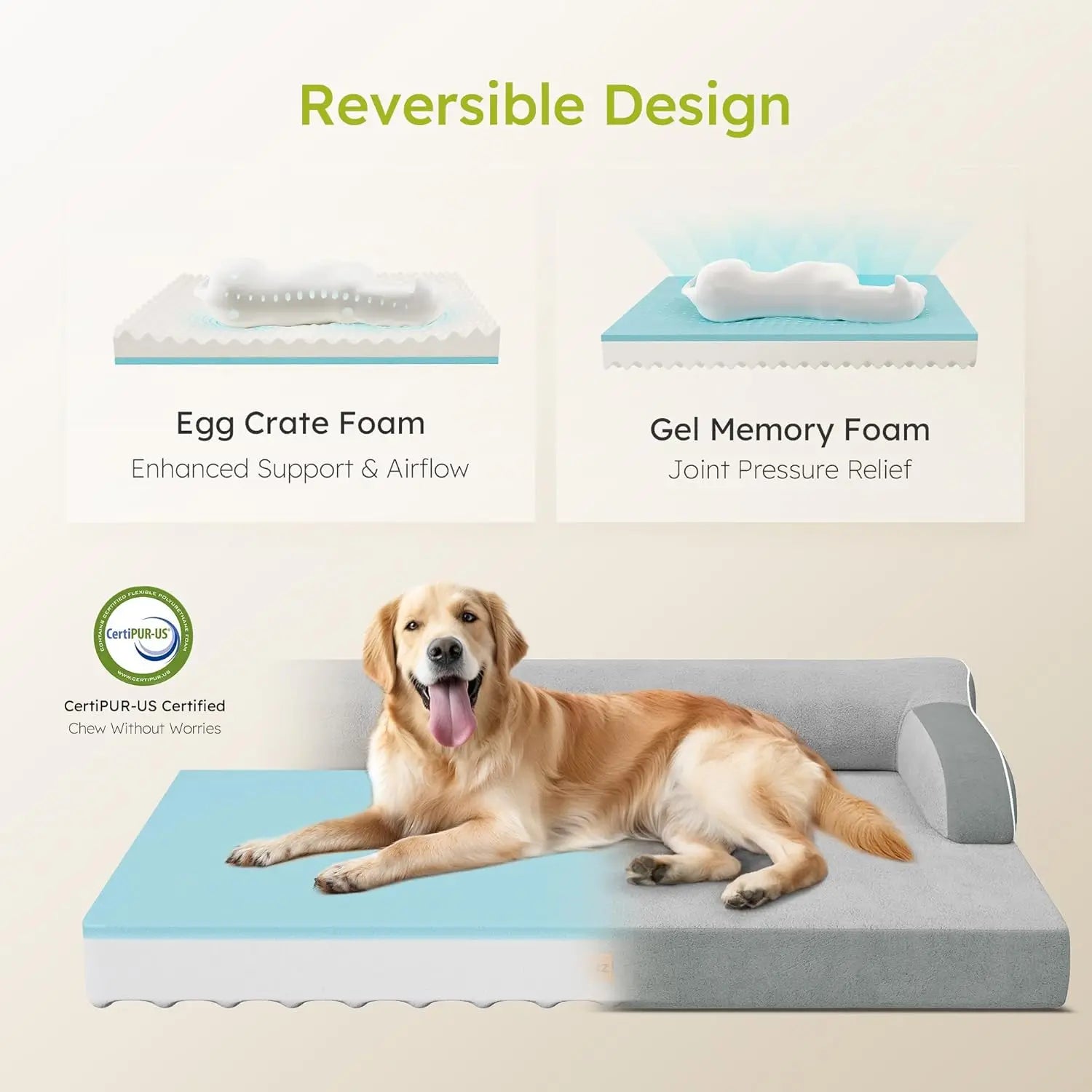 Extra Large Orthopedic Dog Bed with Cooling Memory Foam, Washable, Waterproof Cover and Nonslip Bottom, Light Grey