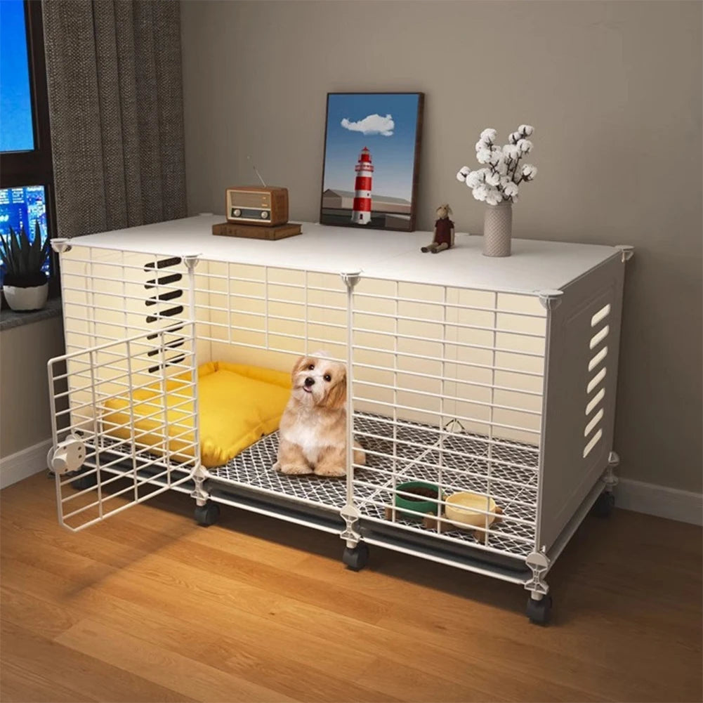 Indoor Dog House with Wheels & Storage Tray, Wired Cage Crate Dog Kennel, Pet Crate for Small/Medium/Large Dog