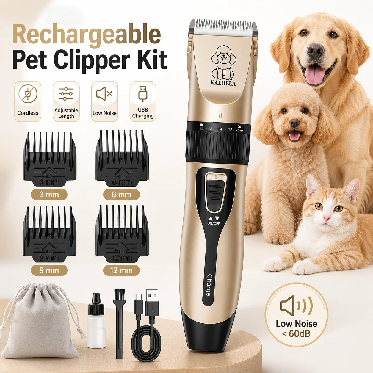 Professional Pet Grooming Clipper Kit. Rechargeable Hair Trimmer with Ceramic Blade.  USB Charging, Low Noise, Adjustable, Guide Combs for Dogs Cats and Small Animals Home Grooming Use