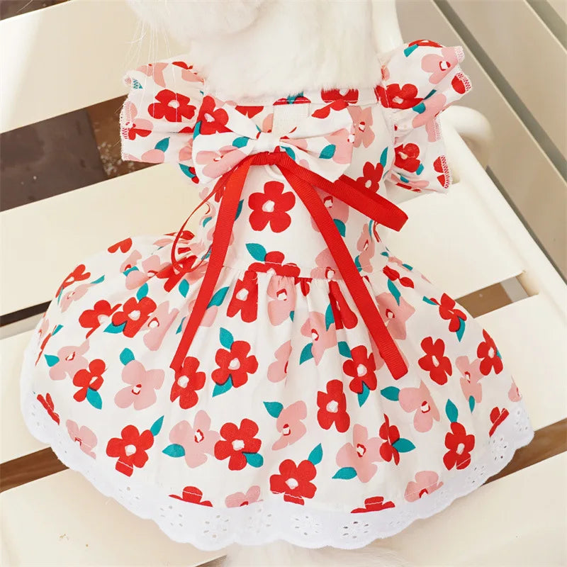 Summer Pet Dress Floral Pattern Plaid Skirts Cat Princess Dresses