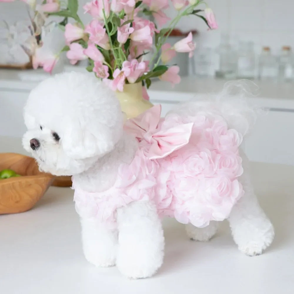 Summer Flower Dog Dresses, 3D Rose Dress Cute Bow Pet Dog Clothes, Cat Pet Skirt Clothing, Pet Accessories