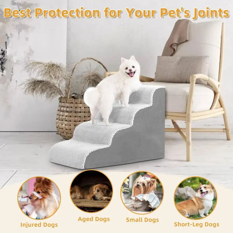 Dog Stairs Ramp, Curved 4 Step Ramp  for Small Dogs and Cats, Pet Stairs for High Beds and Couch with AntiSlip Washable Cover