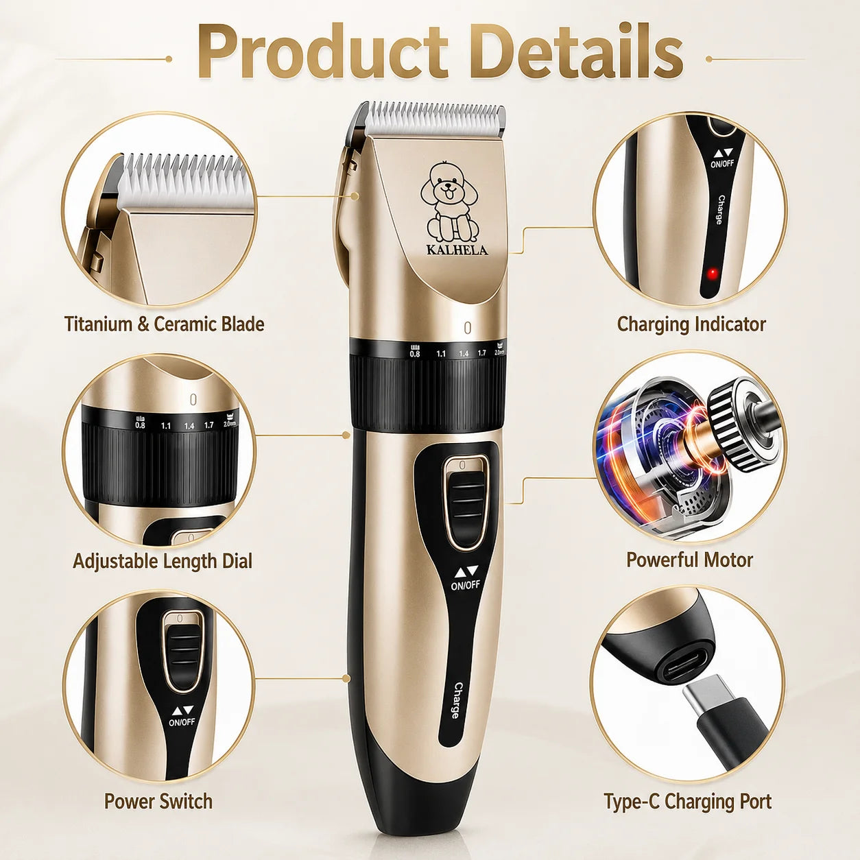 Professional Pet Grooming Clipper Kit. Rechargeable Hair Trimmer with Ceramic Blade.  USB Charging, Low Noise, Adjustable, Guide Combs for Dogs Cats and Small Animals Home Grooming Use