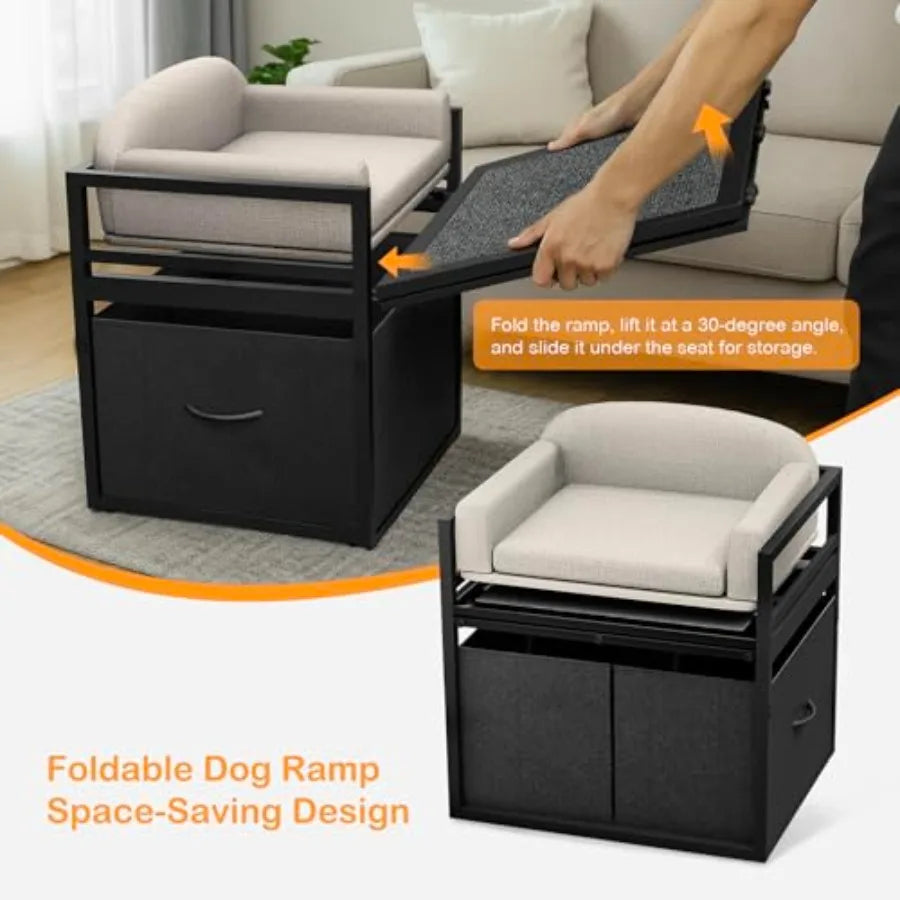 Non Slip Dog Ramp with Seat Storage, Drawers Extra Wide Metal Frame Chair for High Bed, Couch, Office.