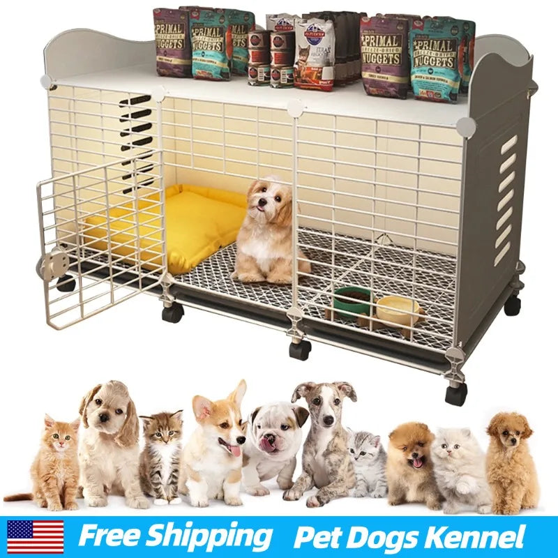 Indoor Dog House with Wheels & Storage Tray, Wired Cage Crate Dog Kennel, Pet Crate for Small/Medium/Large Dog