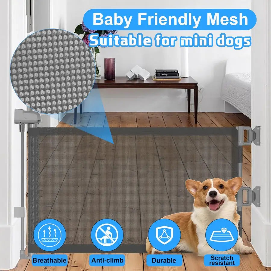 Short Pet Gate, 59" Wide, Step Over Pet Fence, Mesh Retractable, Indoor or Outdoor