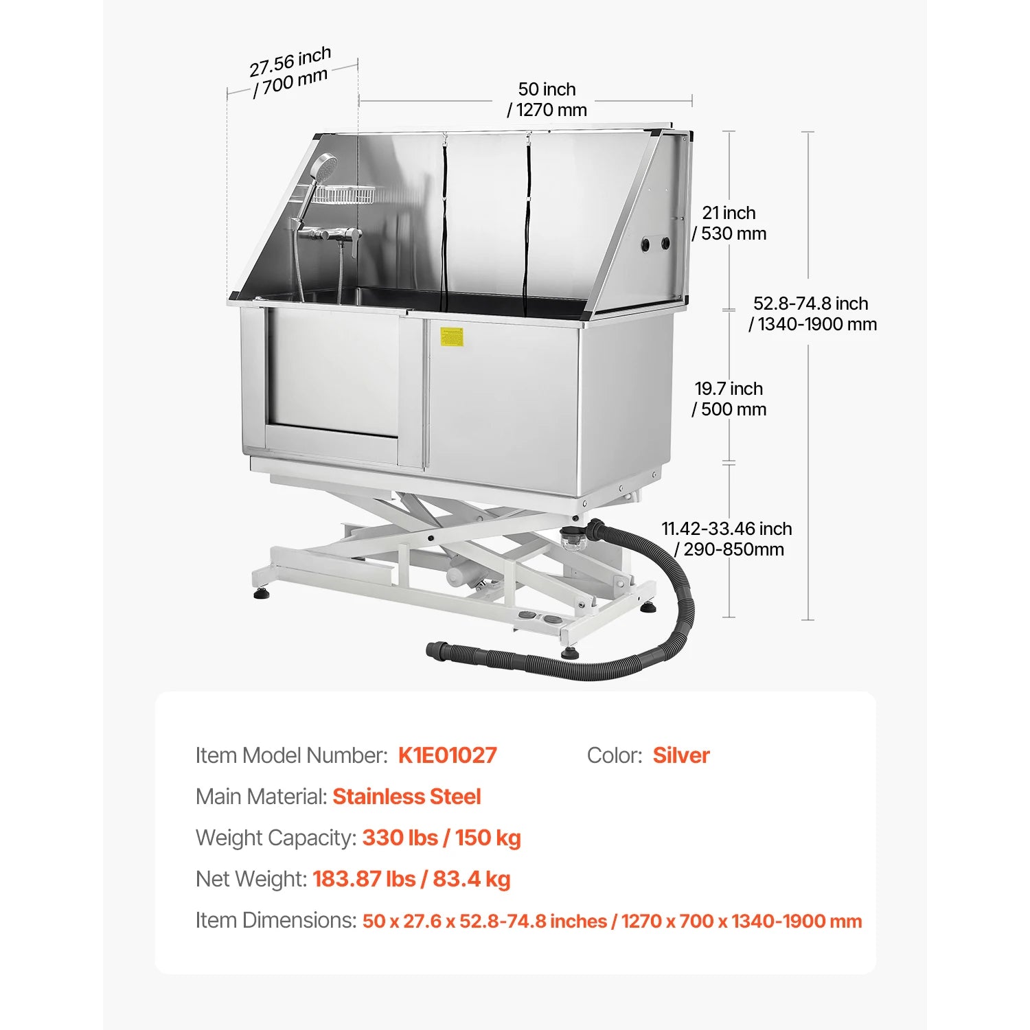 Electric Lift Dog Washing Station 50in Professional Stainless Steel w/PE Water Filter Board Faucet & Showerhead