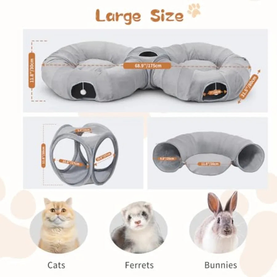 2-in-1 Cat Tunnel Bed for Indoor Cats, 8-Shaped Large Cat Tunnels with Plush Cushions, Foldable Cat Cave, Hideout Kitty Toys