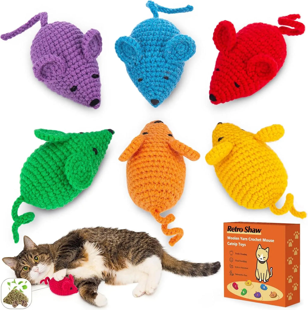 Handmade Crochet Catnip Mice Toys, 6-Pack Interactive Chew Toys for Indoor Kittens with Natural Catnip Blend