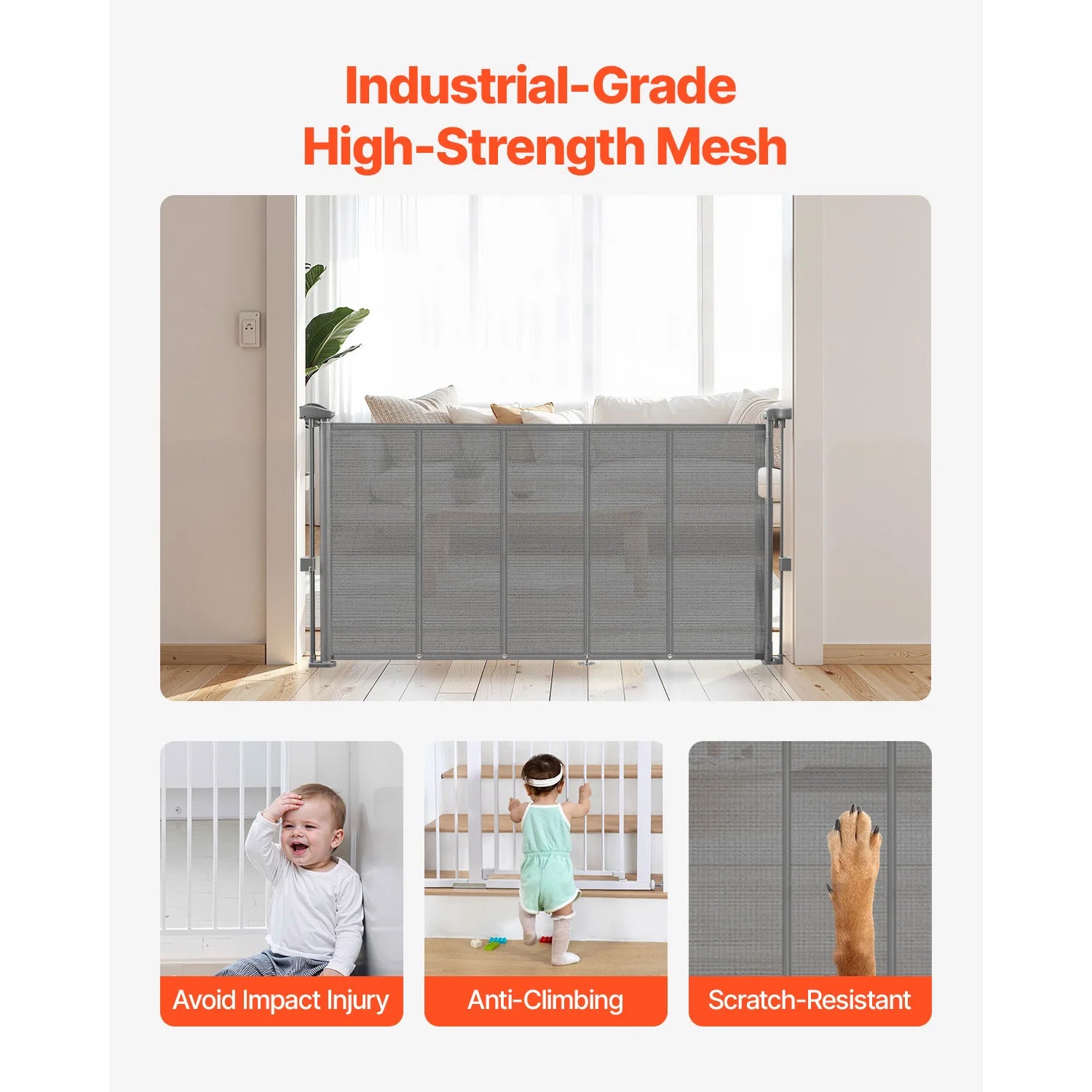 Retractable Baby Gate 34in Tall, Extends Wide, Retractable Gate for Kids, Pets, Mesh Material, Easy to Install