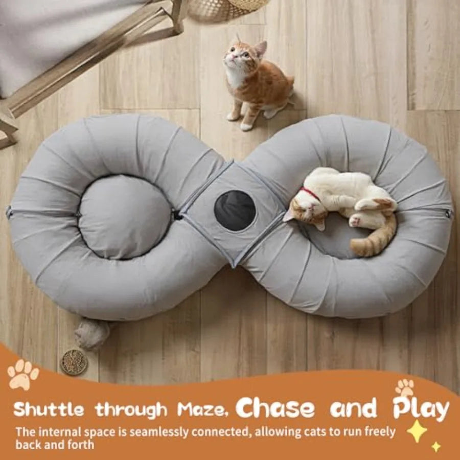 2-in-1 Cat Tunnel Bed for Indoor Cats, 8-Shaped Large Cat Tunnels with Plush Cushions, Foldable Cat Cave, Hideout Kitty Toys
