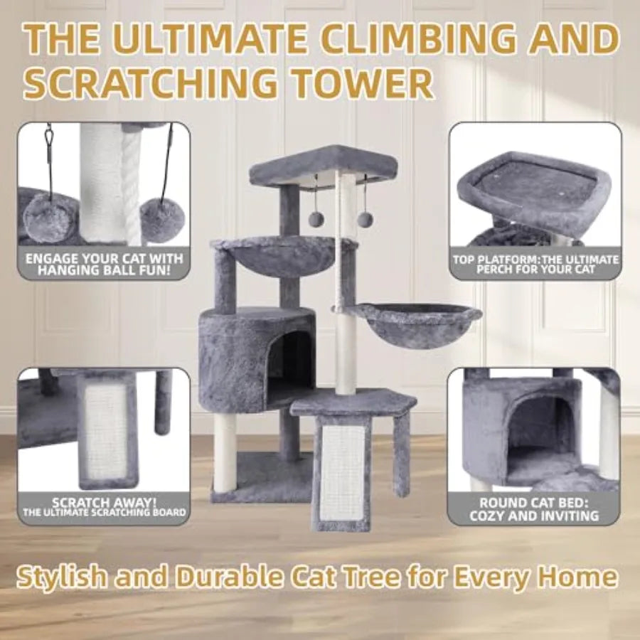 Three Layer Cat Tree with Cat Condo and Two Hammocks