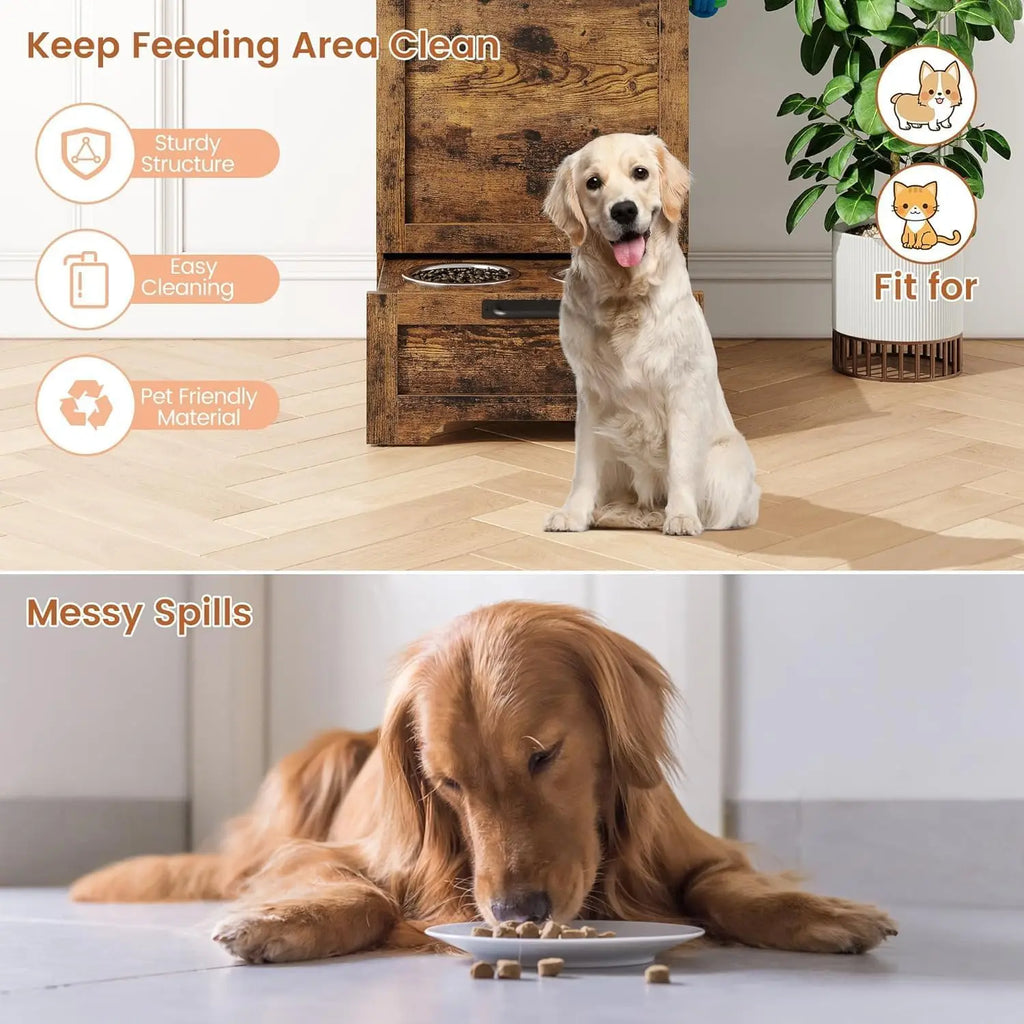 Dog Food Station ,Storage, Raised Bowls, Cabinet with Hanger for Feeding