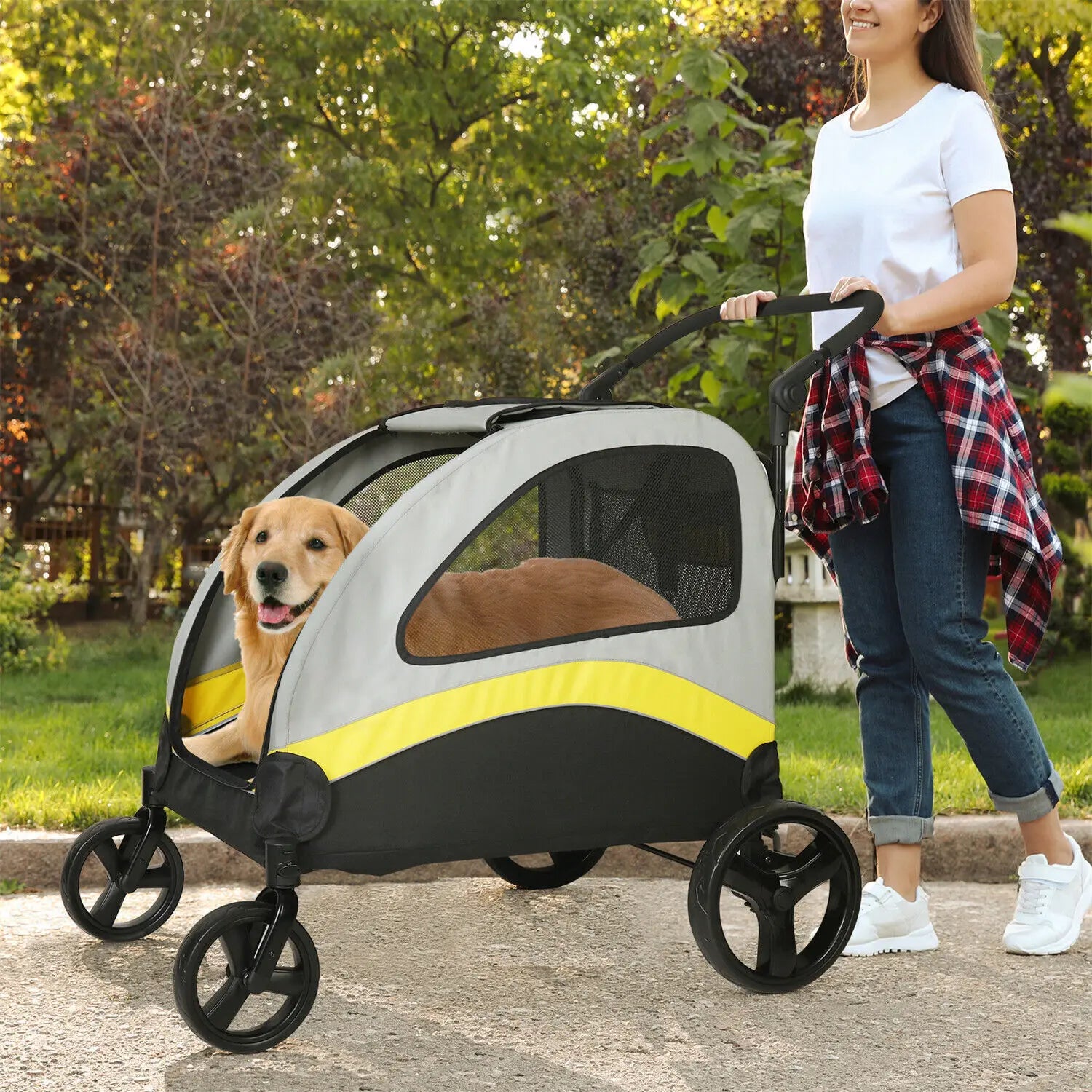 Heavy Duty Dog Stroller, Foldable Pet Trolley Carrier Double Door Jogger Cart for Large Dogs, Outdoor Walking Exercise 30 Inch