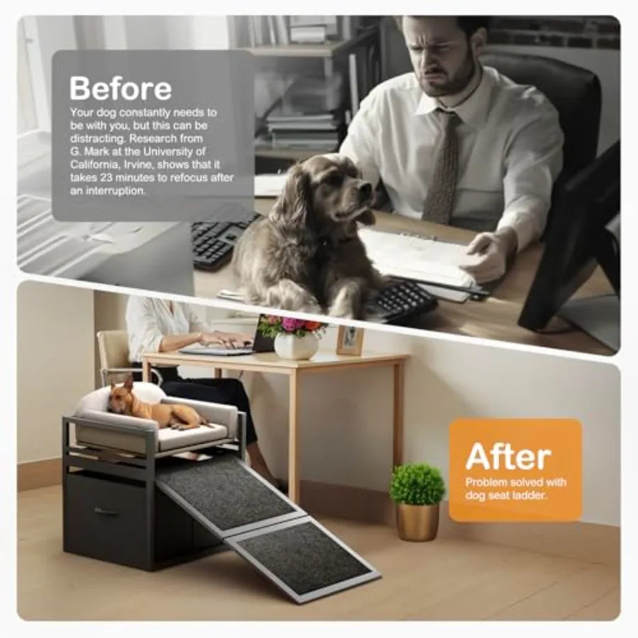 Non Slip Dog Ramp with Seat Storage, Drawers Extra Wide Metal Frame Chair for High Bed, Couch, Office.