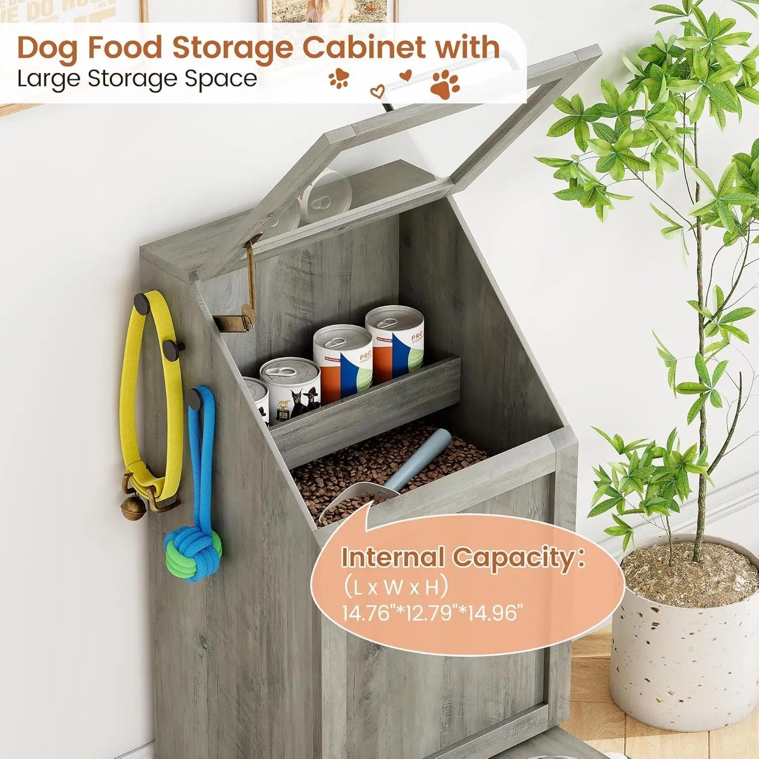 Dog Food Station ,Storage, Raised Bowls, Cabinet with Hanger for Feeding