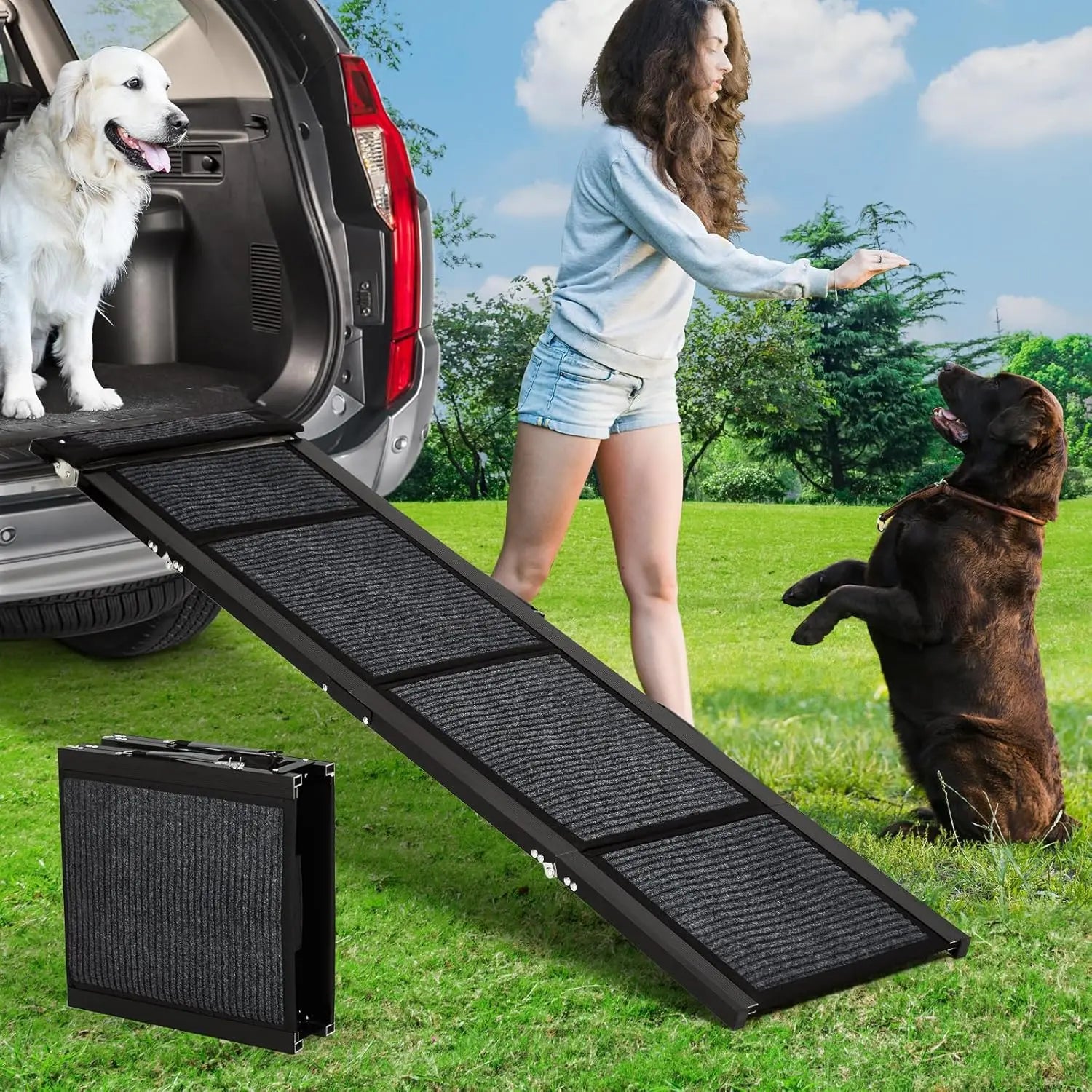 Upgraded Dog Ramp For Cars, Folding Pet Ramp For Large Dogs With Non-Slip Surface, Portable Outdoor Dog Ramp, Up to 250 LBS