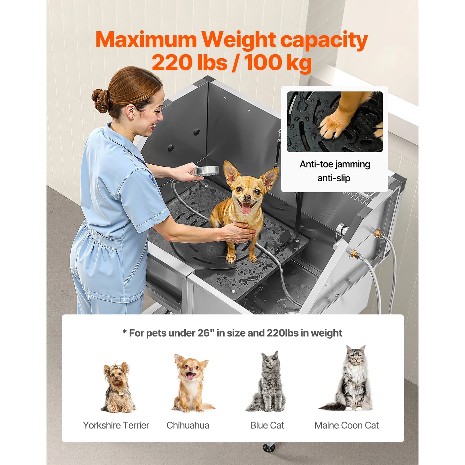SucceBuy Stainless Steel Dog Washing Station, 38in Pet Grooming Tub w/Storage, Stairs, Faucet, Showerhead & Soap Holder