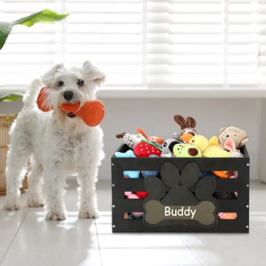 Dog Toy Basket, Wooden Bin Storage with Handles, Large Organizer with Paw Pattern