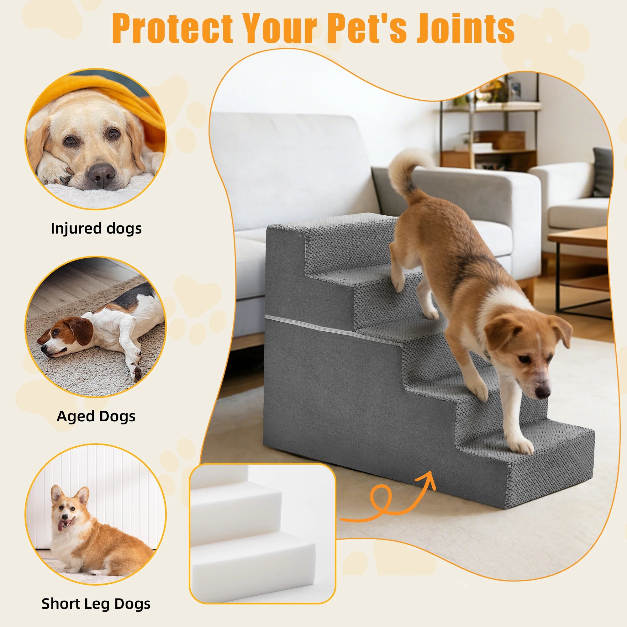 JHK 3-5 Step Right Angled Foam Dog Stairs.  Indoor Non-Slip Pet Ladder Ramp.