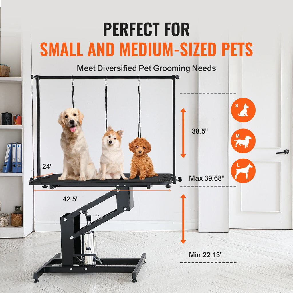 SucceBuy 43" Hydraulic Pet Grooming Table 400LBS Height Adjustable Grooming Station with Arm Anti-Slip Tabletop for Pets