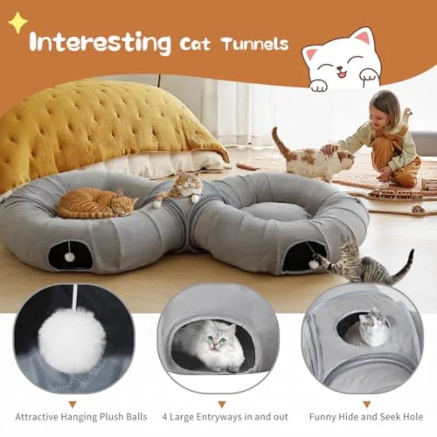 2-in-1 Cat Tunnel Bed for Indoor Cats, 8-Shaped Large Cat Tunnels with Plush Cushions, Foldable Cat Cave, Hideout Kitty Toys