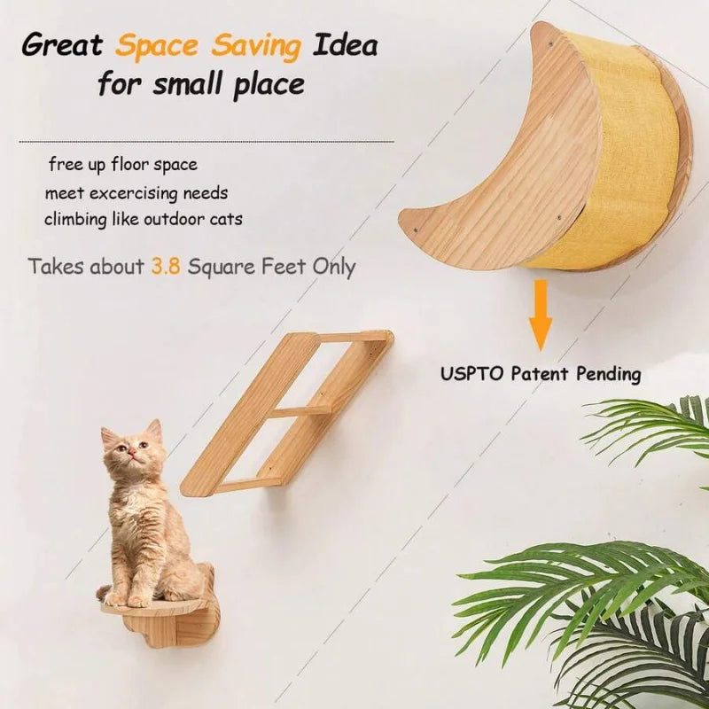 3pcs Cat Wall Furniture Set (Moon Cat Hammock + Wooden Cat Ladder + Cat Step)