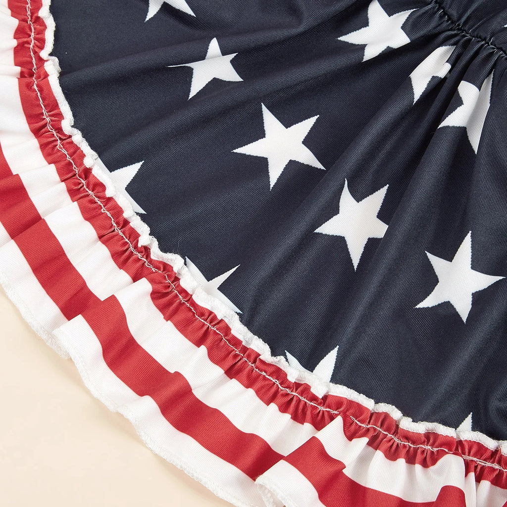 Striped Dress Shirt Cute Bowknot Sundress, American Flag Stars Printed Princess Summer Apparel Clothes with Ruffles