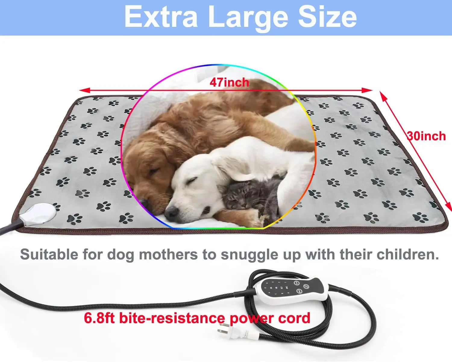 Extra Large Pet Heating Pad with Smart Timer, Precise Temperature Control, Waterproof & Durable for Dogs and Cats