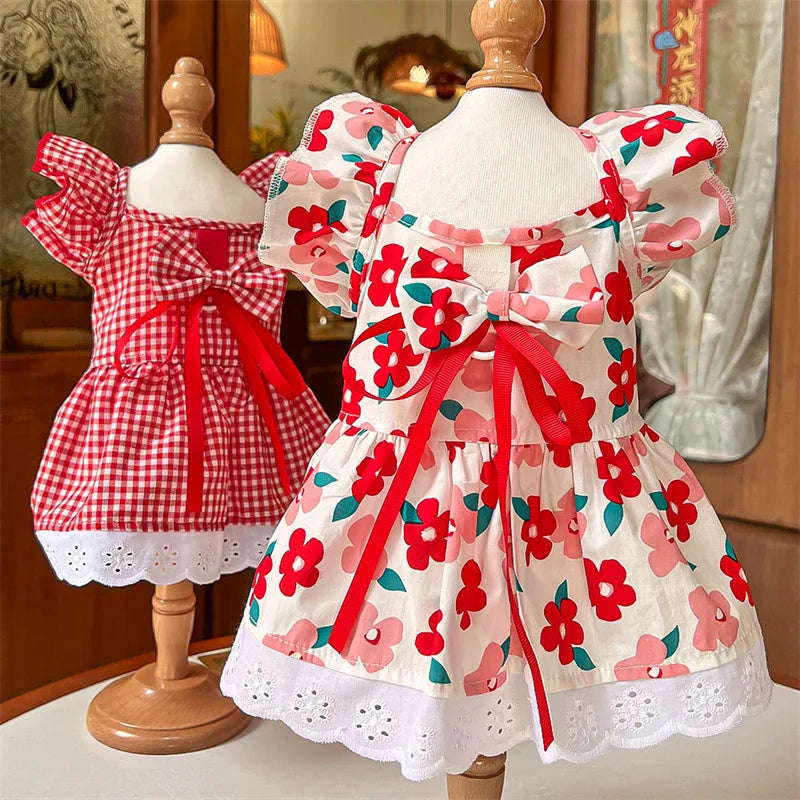 Summer Pet Dress Floral Pattern Plaid Skirts Cat Princess Dresses