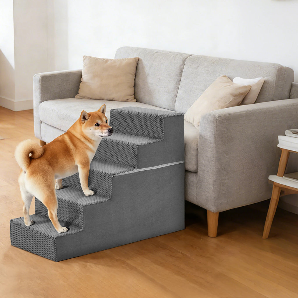 JHK 3-5 Step Right Angled Foam Dog Stairs.  Indoor Non-Slip Pet Ladder Ramp.