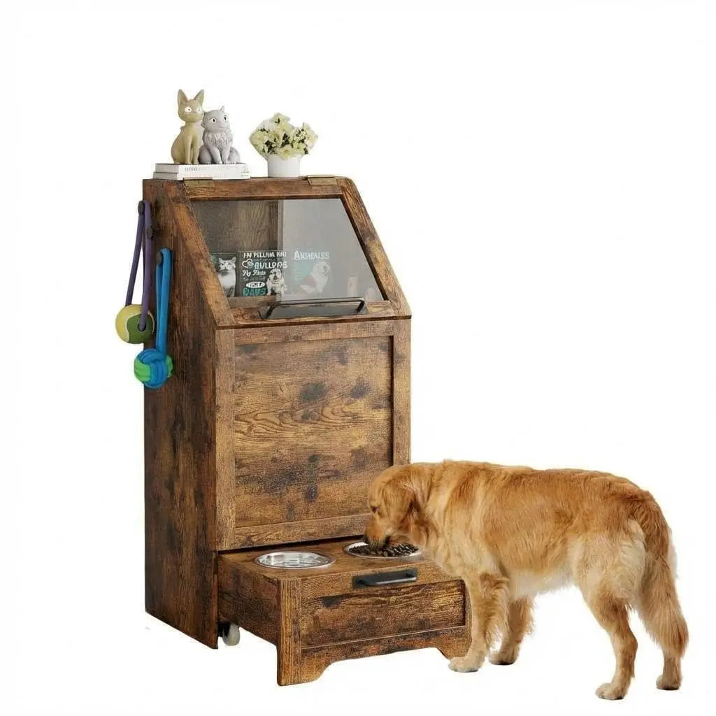 Dog Food Station ,Storage, Raised Bowls, Cabinet with Hanger for Feeding