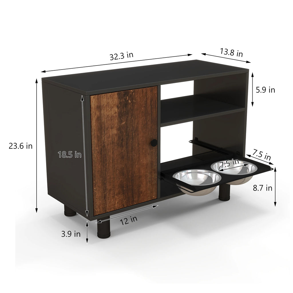 Large Pet Feeding Table, Dog Food Storage Cabinet, Stainless Steel Double Pull Out Raised Feeding Watering Bowl