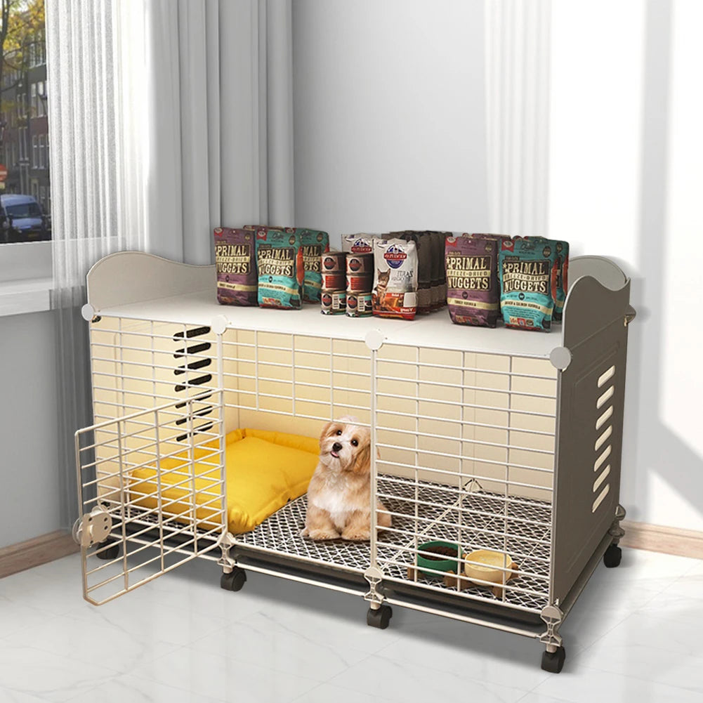 Indoor Dog House with Wheels & Storage Tray, Wired Cage Crate Dog Kennel, Pet Crate for Small/Medium/Large Dog